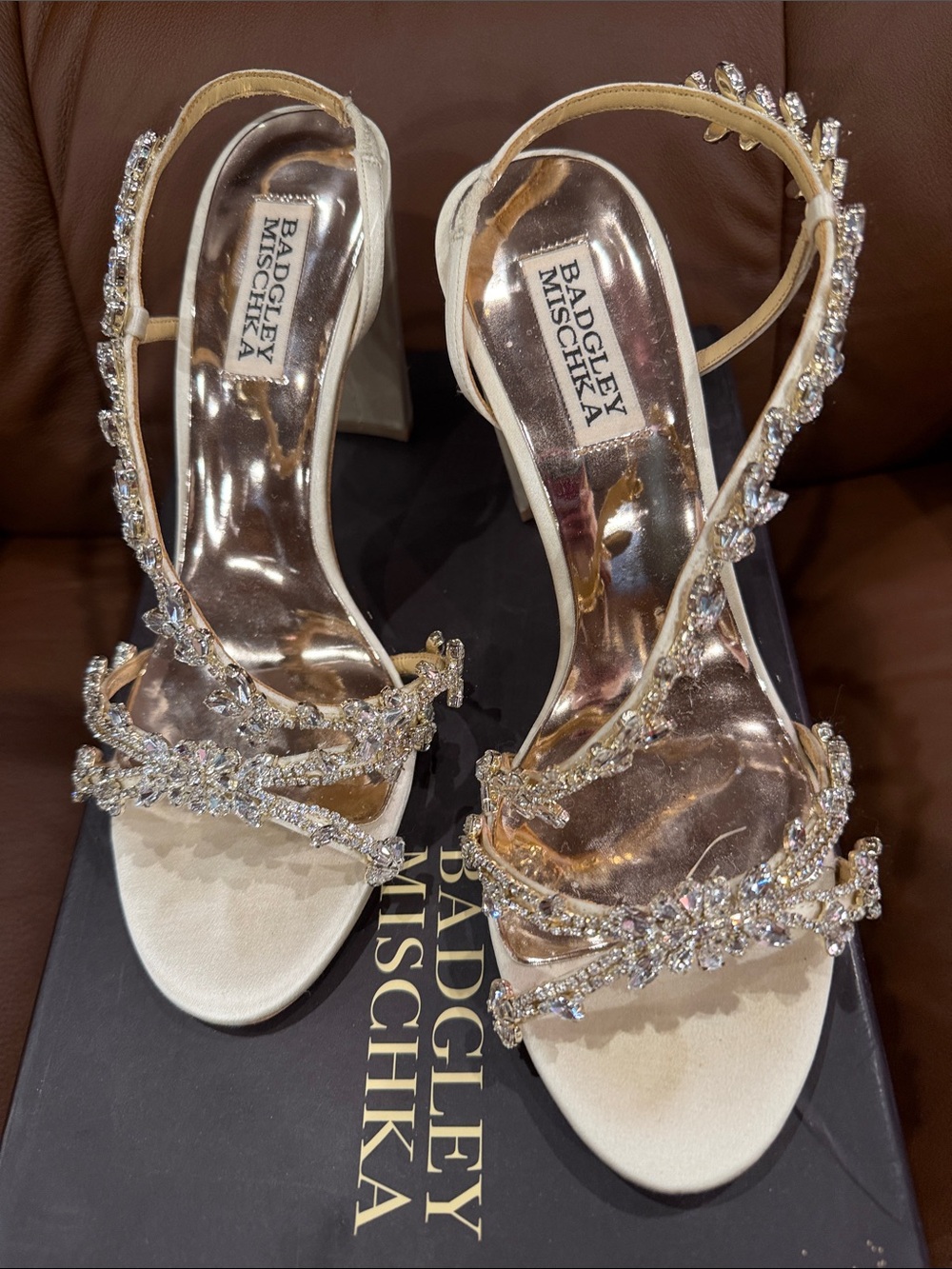 Badgley Mischka Crystal-Embellished Ivory Sling Heels